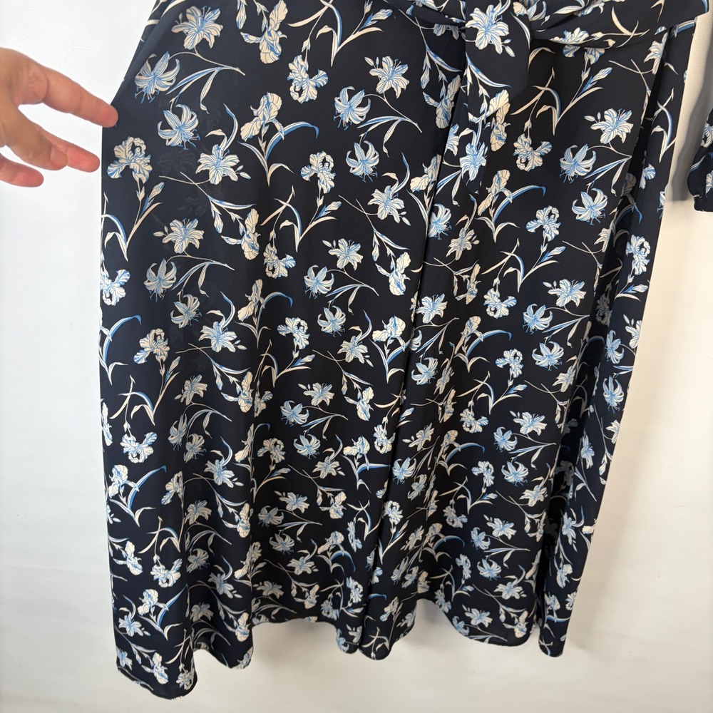 Ann Taylor Midi Dress Women 8 Navy Blue Floral Long Sleeve V-Neck Tie Waist - Picture 8 of 9